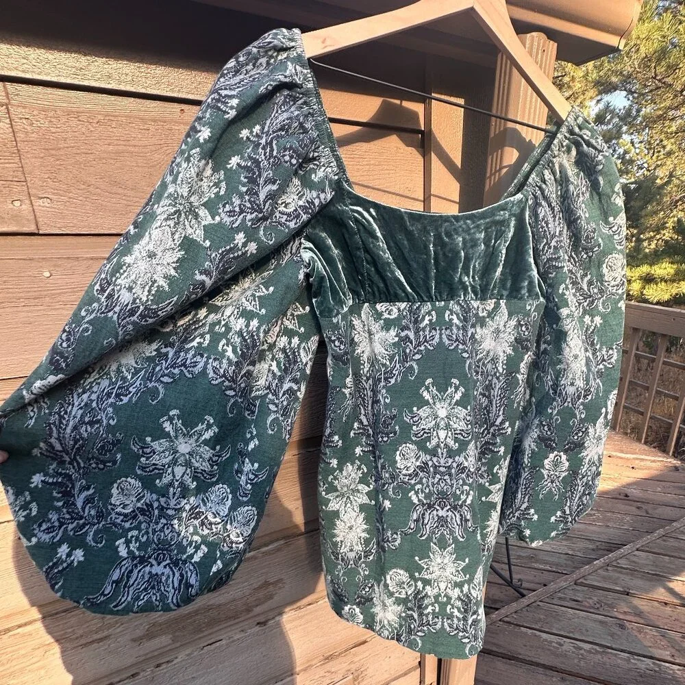 EUC Free People Lauren Green Floral Velvet & Tapesty Holiday Mini Dress